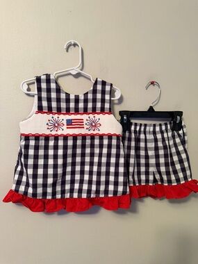 Stitchy Fish Black & White Gingham Two-Piece Set with Red Trim and Flag Smocking